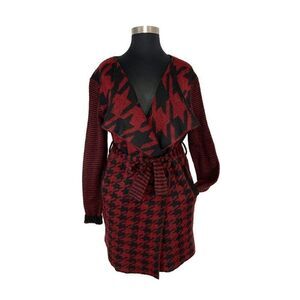 Toda Bela L Burgundy Red Houndstooth Cardigan Sweater Jacket Art To Wear Chunky